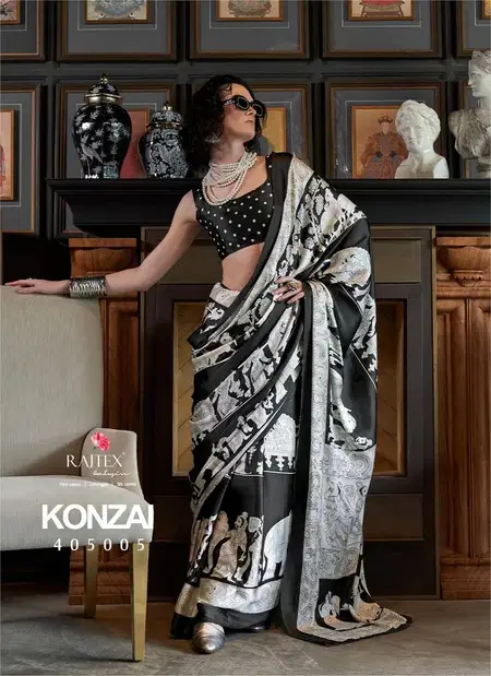 Konzai By Rajtex Black And White Colour Patola Printed Satin Crepe Saree Bulk Orders In India